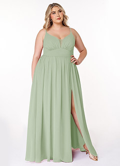 Azazie Rayna Brautjungfernkleider A-Linie V-Hals Gefaltet Chiffon Kleid Staubiger Salbeigrün image7