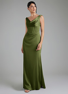 Azazie Spencer Robes de demoiselle d'honneur Robe Sirène en Satin extensible Plissée Olive image5