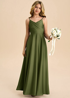Azazie Bug Junior Olive A-Line Pleated Stretch Satin Dress image6