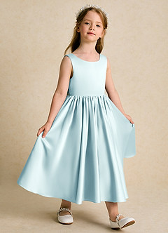 Azazie Doodlebug Flower Girl Dresses Sea Glass A-Line Bow Matte Satin Dress image2