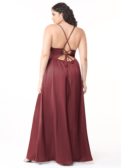 Azazie Raya Bridesmaid Dresses Merlot A-Line V-Neck Pleated Stretch Satin Dress image8