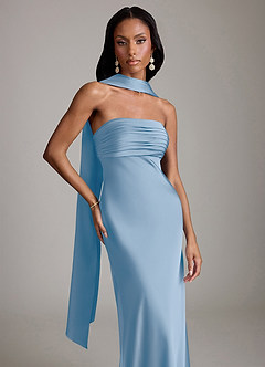 Azazie Saylor Vestidos de damas de honor Vestido de Azul Pálido de Satén Elástico de Corte Sirena con Sin tirantes image1