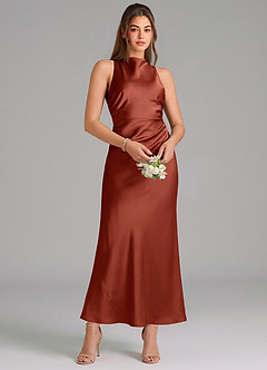 Azazie Evadne Vestidos de damas de honor Vestido de Terracota de Satén Elástico de Corte Recto con Plisado image3