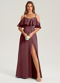 Azazie Jean Bridesmaid Dresses Sangria A-Line Off the Shoulder Stretch Satin Dress image1