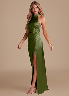 Azazie Jemma Vestidos de damas de honor Vestido de Oliva de Satén Metálico de Corte Recto con Plisado image4