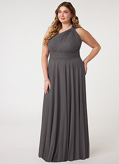 Azazie Charlize Bridesmaid Dresses Steel Grey A-Line One Shoulder Mesh Dress image8
