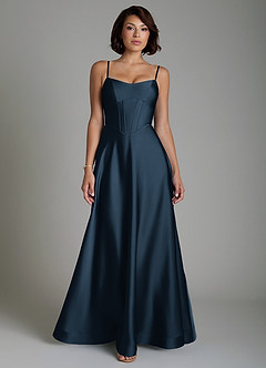 Azazie Nona Bridesmaid Dresses Dark Navy A-Line Pleated Stretch Satin Dress image1