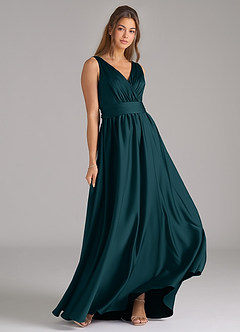 Azazie Kora Bridesmaid Dresses Pine A-Line Pleated Stretch Satin Dress image4