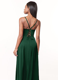 Azazie Maksim Bridesmaid Dresses Dark Green A-Line V-Neck Stretch Satin Dress image3