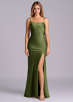 Azazie Kimberly Final Sale Olive Sheath Bow Stretch Satin Dress image4