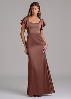 Azazie Elkie 신부 들러리 드레스 인어 스퀘어 네크라인 스트레치 새틴 바닥 길이 드레스 image1