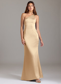 Azazie Arleth Robes de demoiselle d'honneur Robe Trapèze en Satin extensible Ue épaule Champagne image1