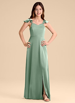 Azazie Everett Junior Agave A-Line Bow Stretch Satin Dress image1
