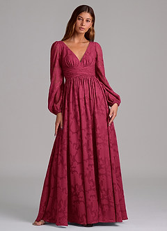Azazie Norah Bridesmaid Dresses Burgundy A-Line Long Sleeve Floral Burnout Dress image1