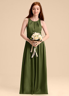 Azazie Bibiane Junior Olive A-Line Pleated Stretch Satin Dress image4