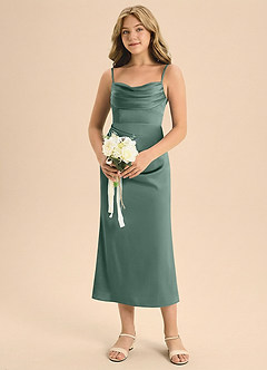 Azazie Mai Junior Eucalyptus Sheath Pleated Stretch Satin Dress image4