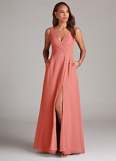 Azazie Nelly Bridesmaid Dresses Salmon Pink A-Line Pleated Chiffon Dress image2