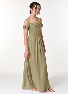 Azazie Alivia Junior Moss Green A-Line Off the Shoulder Chiffon Dress image3