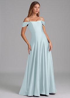 Azazie Seriana 신부 들러리 드레스 A라인 오프 더 숄더 스트레치 새틴 바닥 길이 드레스 image6