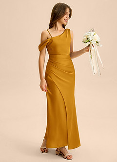 Azazie Madelyn Junior Osłona Zza ramienia Satyna elastyczna Długość podłogi Młodsza druhna Sukienka image6