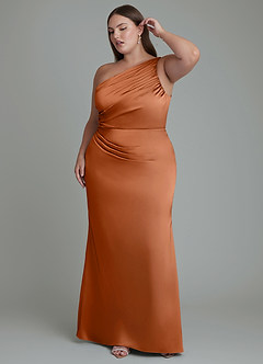 Azazie Akilah Brautjungfernkleider Meerjungfrau-Linie One-Shoulder Stretch-Satin Kleid Kupfer image10