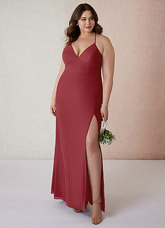 Azazie Becca Bridesmaid Dresses Pomegranate Sheath V-Neck Chiffon Dress image7