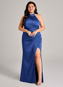 Azazie Jemma Robes de demoiselle d'honneur Robe Fourreau en Satin extensible Plissée Bleu Roi image7