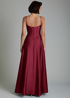 Azazie Nona Bridesmaid Dresses Burgundy A-Line Pleated Stretch Satin Dress image2