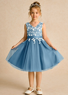 Azazie Butterfly Flower Girl Dresses Steel Blue A-Line Lace Dress image2