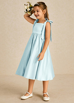 Azazie Chelsie Flower Girl Dresses Sea Glass A-Line Bow Matte Satin Dress image4
