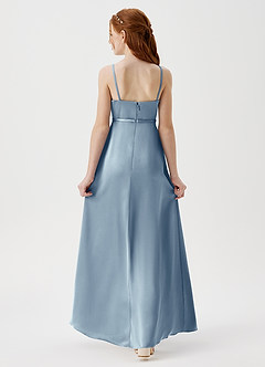 Azazie Kaylee Junior Robe Trapèze en Satin extensible avec ceinture Bleu Poussiéreux image2