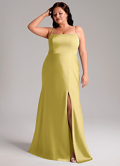 Azazie Lidia Bridesmaid Dresses Canary Mermaid Side Slit Stretch Satin Dress image8