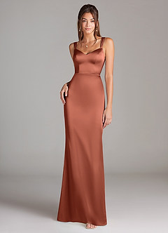 Azazie Denice Bridesmaid Dresses Clay Sheath Pleated Stretch Satin Dress image3
