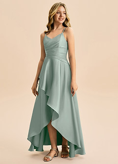 Azazie Eirlys Junior Agave A-Line Pleated Stretch Satin Dress image5