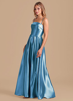 Azazie Lucienne At-home Try On Dresses Dark Green A-Line Pleated Metallic Satin Dress image4