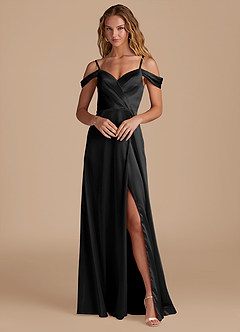 Azazie Ocean Bridesmaid Dresses Black A-Line Off the Shoulder Metallic Satin Dress image1