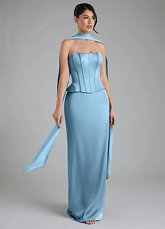 Azazie River At-home Try On Dresses Steel Blue Sheath Corset Stretch Satin Convertible Dress image8