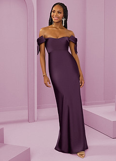 Barbie ♥ Azazie Bridesmaid Dresses Plum Sheath Off the Shoulder Stretch Satin Convertible Dress image10