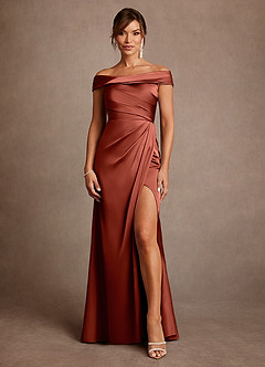 Azazie Bedford Mother of the Bride Dresses Terracotta Sheath Pleated Stretch Satin Dress image1