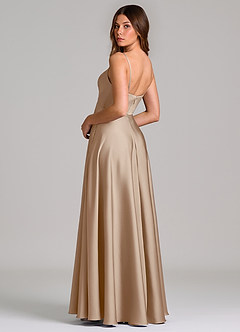 Azazie Amani Bridesmaid Dresses Taupe A-Line Pleated Stretch Satin Dress image2