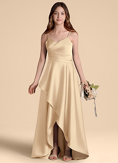 Azazie Prisha Junior Jurk van Stretch Satijn met A-Lijn Geplooid Champagne image7