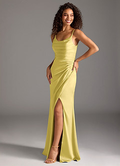 Azazie Deandra Bridesmaid Dresses Canary Mermaid Pleated Stretch Satin Dress image1