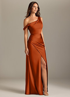 Azazie Madelyn Bridesmaid Dresses Burnt Orange Mermaid Off the Shoulder Stretch Satin Convertible Dress image4