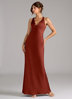 Azazie Tianna At-home Try On Dresses Terracotta A-Line Stretch Satin Dress image1