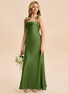 Azazie Willa Junior Linia A Ukłon Satyna elastyczna Długość podłogi Młodsza druhna Sukienka image5