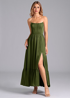 Azazie Leilana Bridesmaid Dresses Olive A-Line Corset Stretch Satin Dress image3