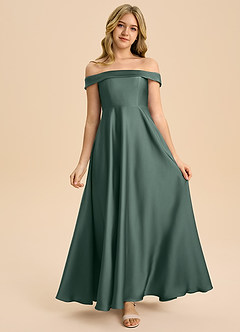 Azazie Sissy Junior Abito A-Line in Raso Elasticizzato a Spalla Scoperta Muschio Marino image4