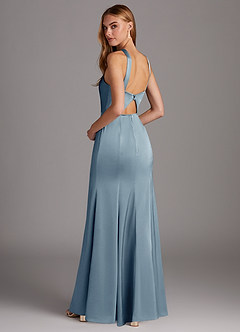Azazie Elana Bridesmaid Dresses Dusty Blue Sheath Side Slit Stretch Satin Dress image2