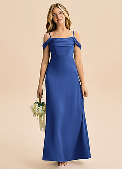 Azazie Lettie Junior A-Line Off-Shoulder Stræk satin Gulv-længde Junior brudepige Kjole image2