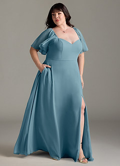 Azazie Chloe Vestidos de damas de honor Vestido de Azul Malhumorado de Gasa de Corte en A con Escote de Corazón image10